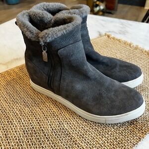Blondo Gray Suede Waterproof Faux Fur Lined Wedge Ankle‎ Booties